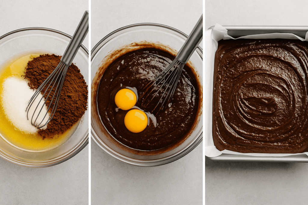 Easy one-bowl brownie batter with melted chocolate and sugar for fudgy homemade brownies.