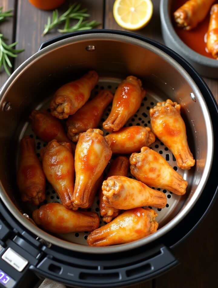 Crispy air fryer chicken wings on a wooden board with blue cheese dip and celery sticks