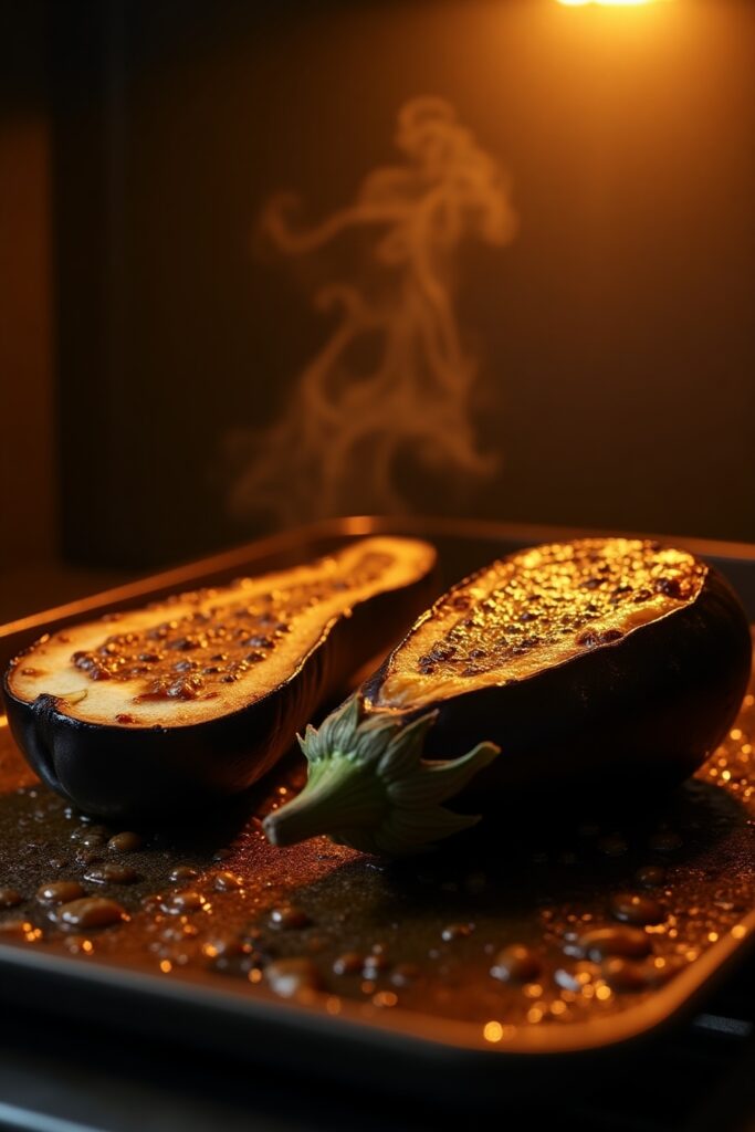 Roasting eggplant for zaalouk, Moroccan cooked eggplant, smoky roasted aubergine.