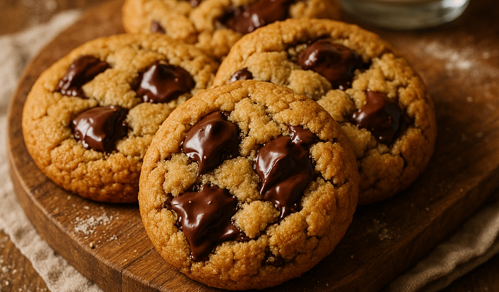 Freshly baked almond flour chocolate chip cookies on a white plate, showing crisp edges and melty chocolate chips, with almond flour sprinkled nearby
