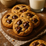 Freshly baked almond flour chocolate chip cookies on a white plate, showing crisp edges and melty chocolate chips, with almond flour sprinkled nearby