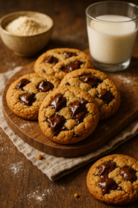 Freshly baked almond flour chocolate chip cookies on a white plate, showing crisp edges and melty chocolate chips, with almond flour sprinkled nearby