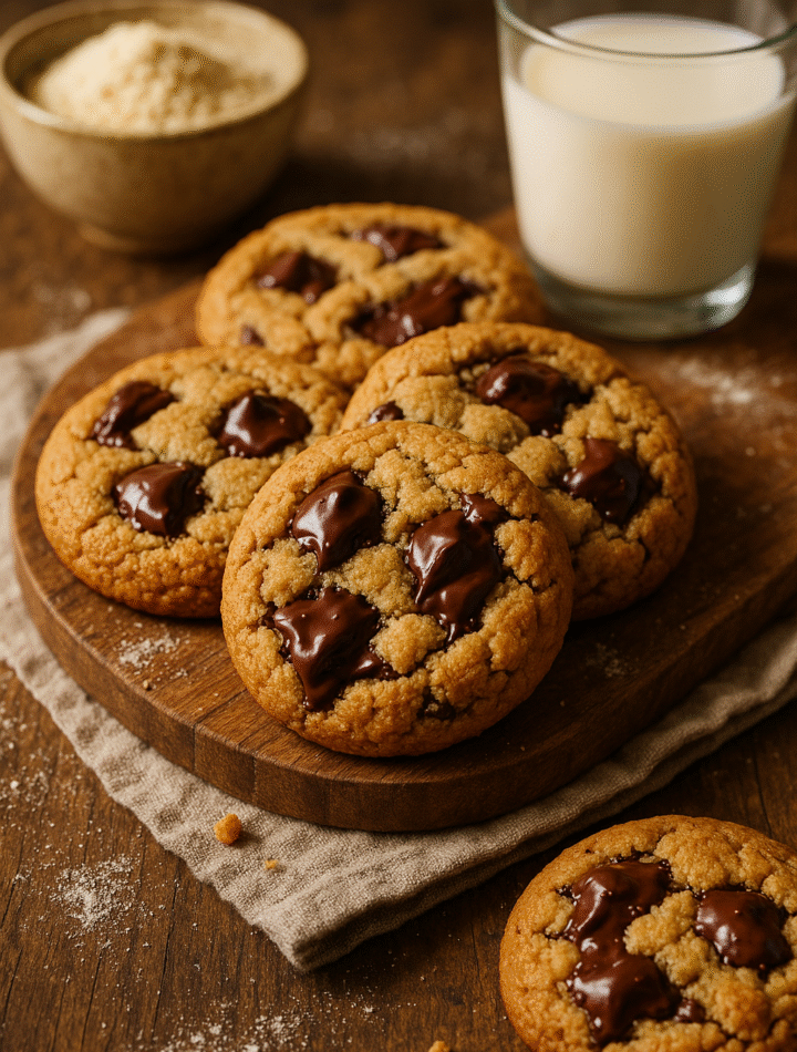 Freshly baked almond flour chocolate chip cookies on a white plate, showing crisp edges and melty chocolate chips, with almond flour sprinkled nearby