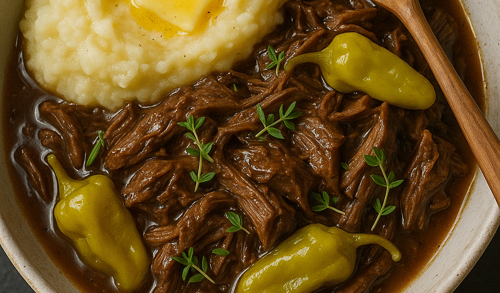 Tender Mississippi Pot Roast with gravy and mashed potatoes – easy slow cooker recipe.