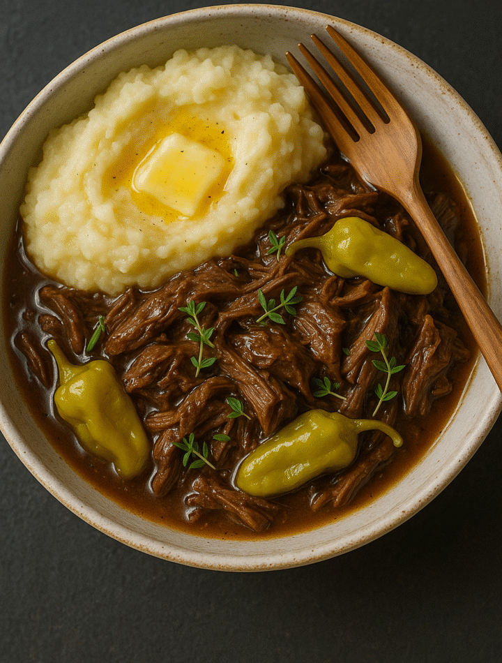 Tender Mississippi Pot Roast with gravy and mashed potatoes – easy slow cooker recipe.