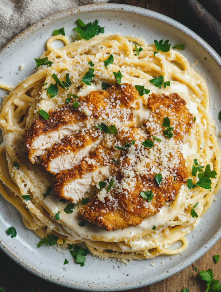 Creamy garlic Parmesan spaghetti with crispy chicken, garnished with fresh herbs and grated cheese