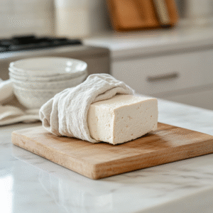 Extra-firm tofu pressed between cutting boards with a heavy book to remove moisture for crispy air fryer tofu