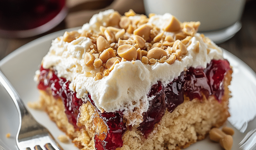Moist peanut butter and jelly poke cake slice with grape jelly filling, whipped cream, and peanut butter drizzle on a white plate.