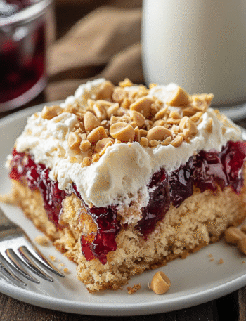 Moist peanut butter and jelly poke cake slice with grape jelly filling, whipped cream, and peanut butter drizzle on a white plate.