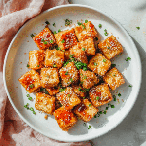 Golden crispy air fryer tofu on white plate with sweet chili drizzle and green onion garnish
