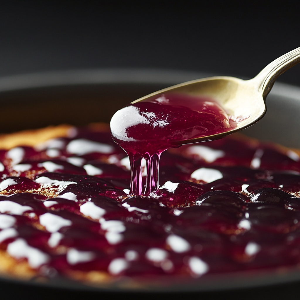 Melting grape jelly being poured and spread over a peanut butter poke cake to fill the holes