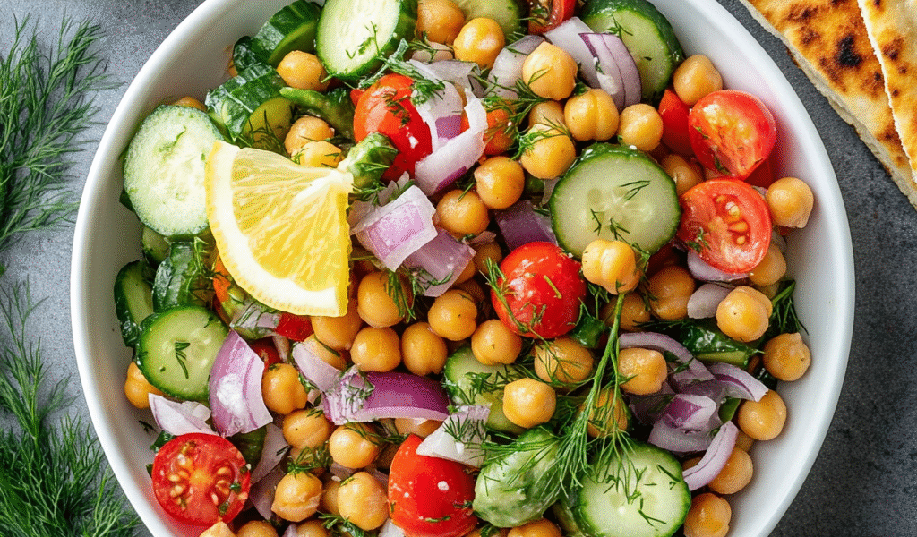 Finished Greek chickpea salad in a white bowl with tomatoes, cucumbers, olives, and feta, garnished with lemon and dill