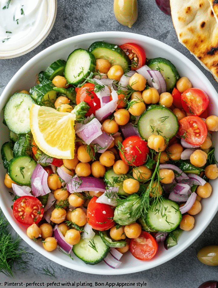 Finished Greek chickpea salad in a white bowl with tomatoes, cucumbers, olives, and feta, garnished with lemon and dill