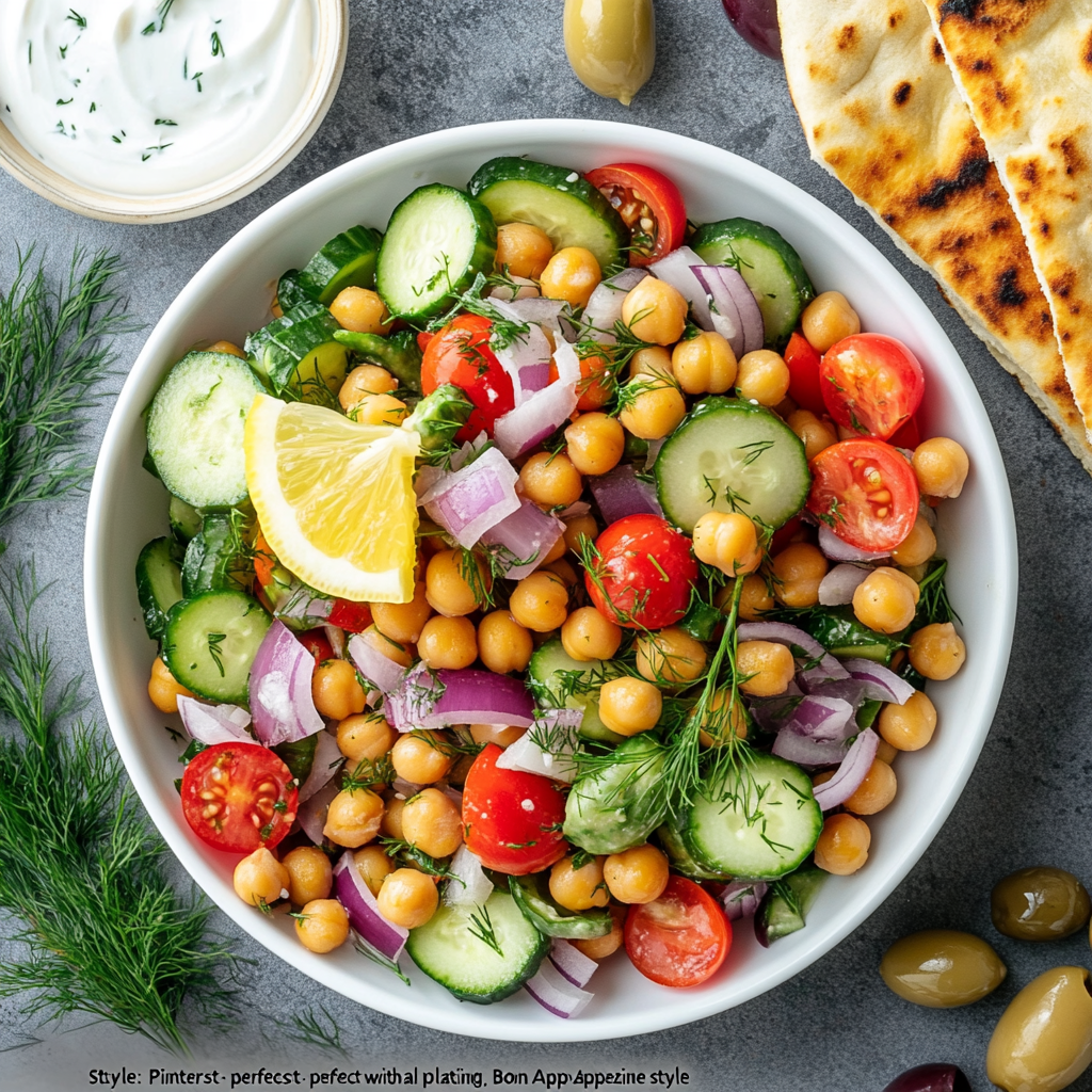 Finished Greek chickpea salad in a white bowl with tomatoes, cucumbers, olives, and feta, garnished with lemon and dill