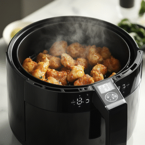 Chicken breast cooking in air fryer with perfect golden crust at 415 degrees