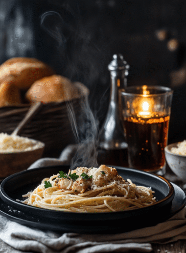 Restaurant-style plating of crab linguine with white wine and bread on a candlelit dining table