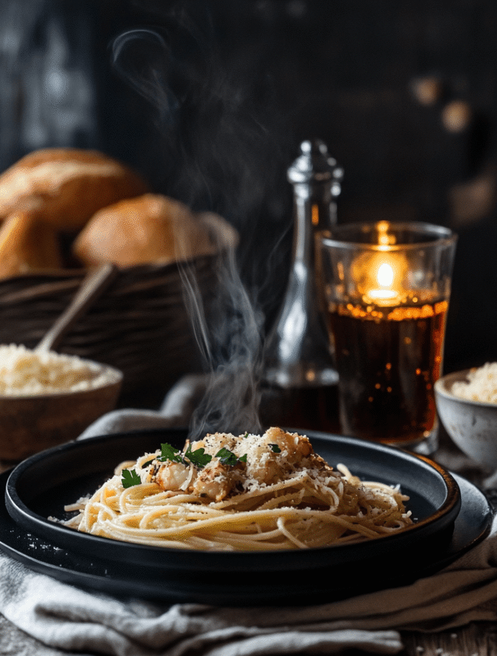 Restaurant-style plating of crab linguine with white wine and bread on a candlelit dining table
