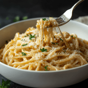 Steaming bowl of French onion pasta with melted Gruyère cheese pull, garnished with parsley, on slate background