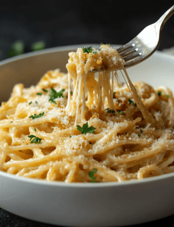 Steaming bowl of French onion pasta with melted Gruyère cheese pull, garnished with parsley, on slate background