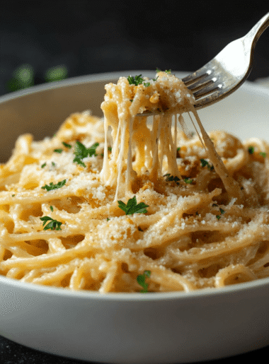 Steaming bowl of French onion pasta with melted Gruyère cheese pull, garnished with parsley, on slate background