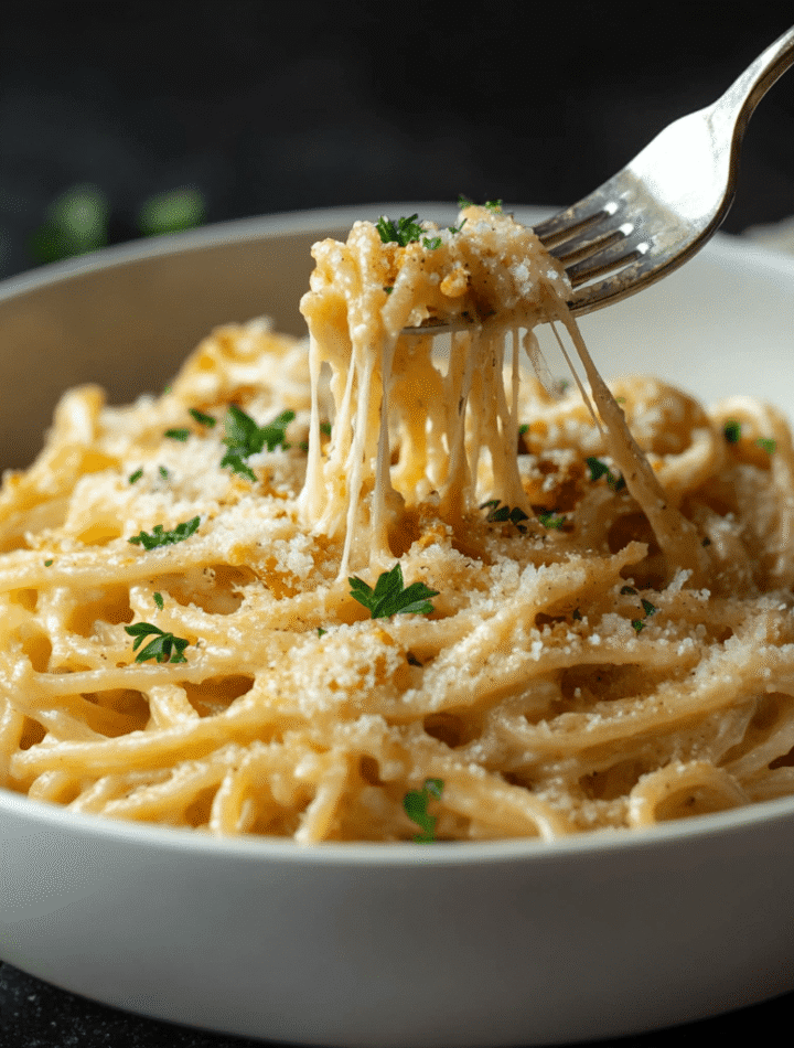 Steaming bowl of French onion pasta with melted Gruyère cheese pull, garnished with parsley, on slate background