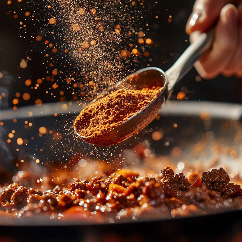 Lean ground beef sizzling in cast iron skillet with olive oil for homemade taco meat