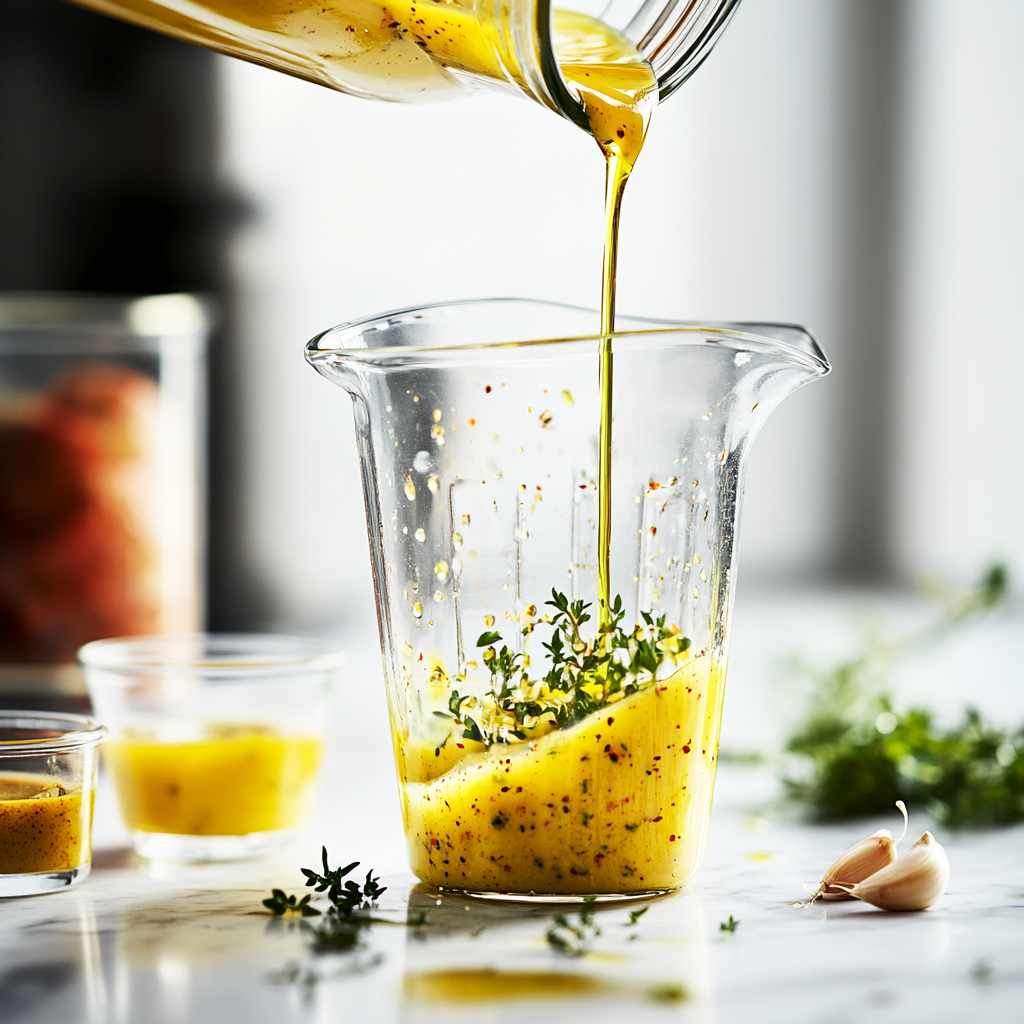 Creamy homemade Greek dressing blending in a pitcher with olive oil, lemon juice, garlic, and herbs, surrounded by measuring cups