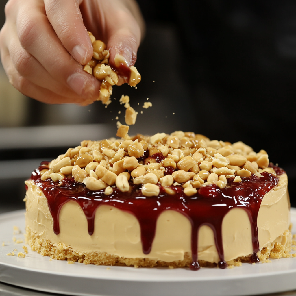 Warm peanut butter and jelly drizzle over whipped cream, topped with chopped peanuts