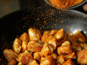 Coating chicken breast pieces with paprika-brown sugar spice blend for air frying
