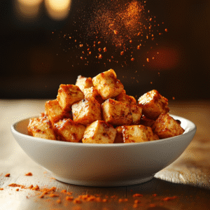 Tofu cubes tossed with soy sauce, cornstarch, garlic powder, and paprika in a ceramic bowl for crispy air frying