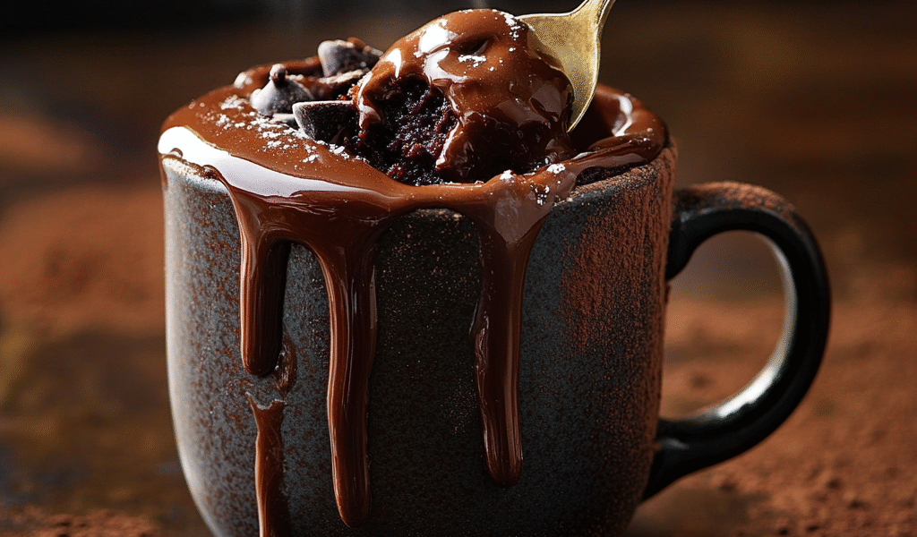 Steaming homemade chocolate mug cake fresh from microwave with spoon pulling out a gooey chocolate bite