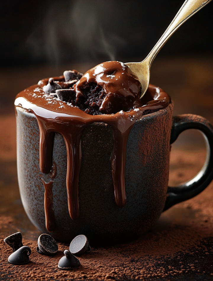 Steaming homemade chocolate mug cake fresh from microwave with spoon pulling out a gooey chocolate bite