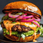 Gourmet vegan burger on brioche bun with avocado, pickled onions and dripping sauce