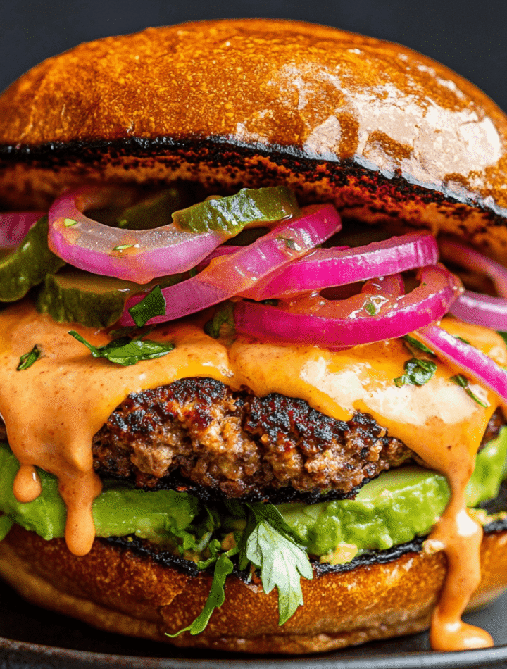 Gourmet vegan burger on brioche bun with avocado, pickled onions and dripping sauce
