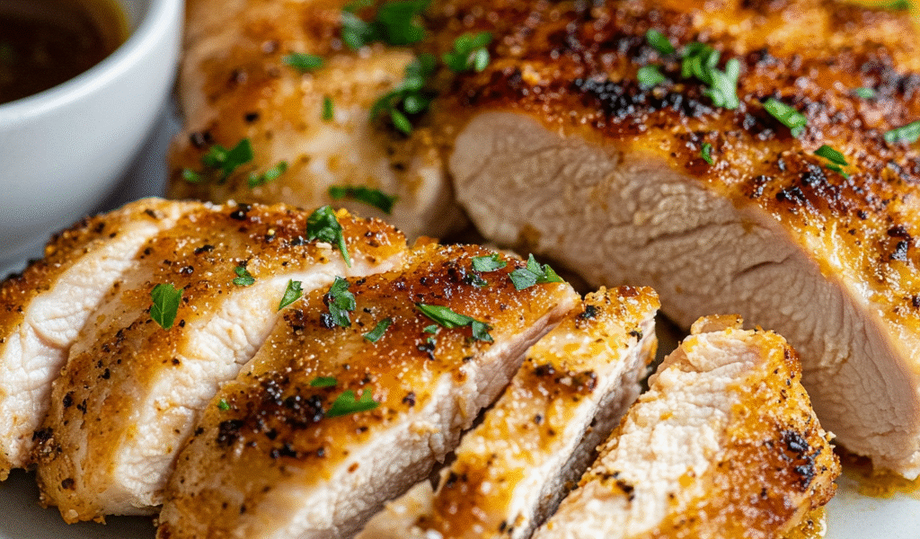 Perfectly cooked air fryer chicken breast sliced to show juicy interior with herbs