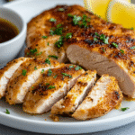 Perfectly cooked air fryer chicken breast sliced to show juicy interior with herbs