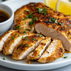 Perfectly cooked air fryer chicken breast sliced to show juicy interior with herbs
