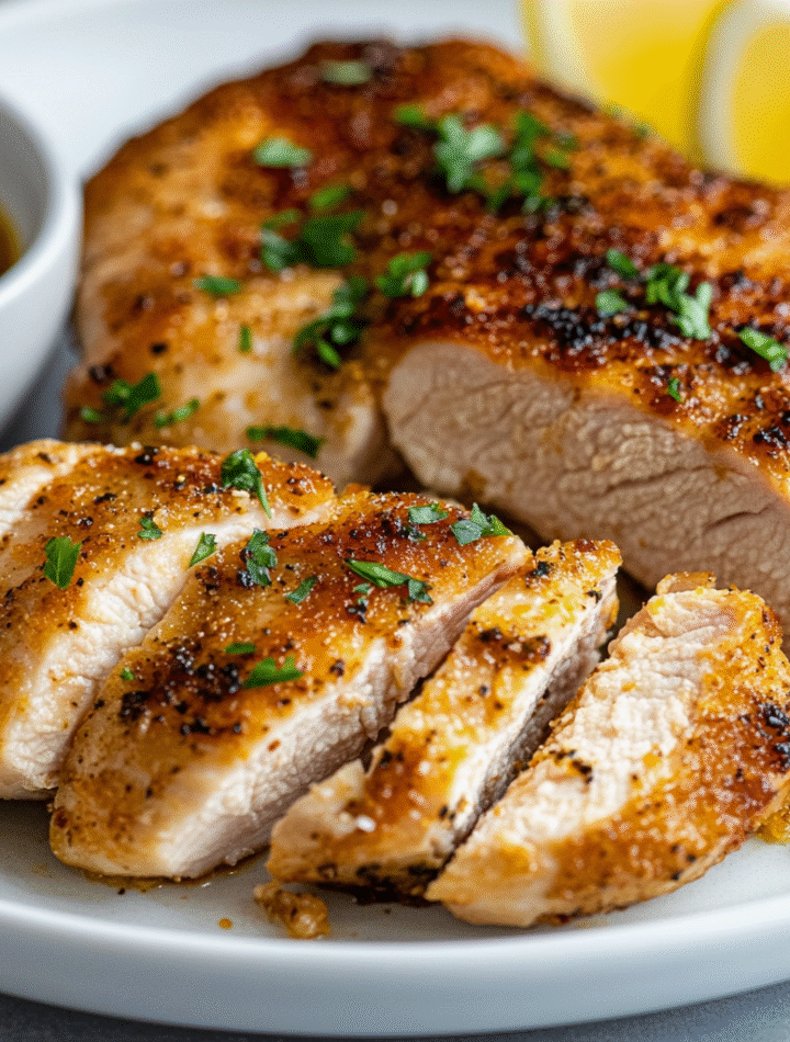 Perfectly cooked air fryer chicken breast sliced to show juicy interior with herbs