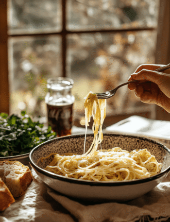 Twirled fork of cheesy French onion pasta beside green salad and bread, styled on a cozy kitchen table with natural lighting