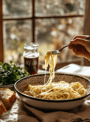 Twirled fork of cheesy French onion pasta beside green salad and bread, styled on a cozy kitchen table with natural lighting