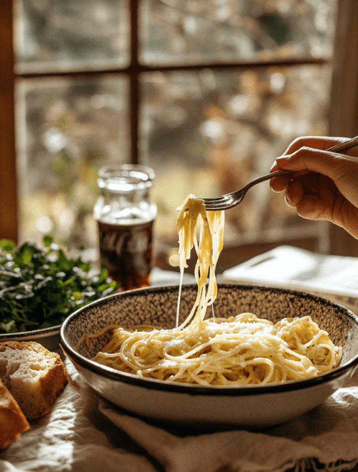 Twirled fork of cheesy French onion pasta beside green salad and bread, styled on a cozy kitchen table with natural lighting