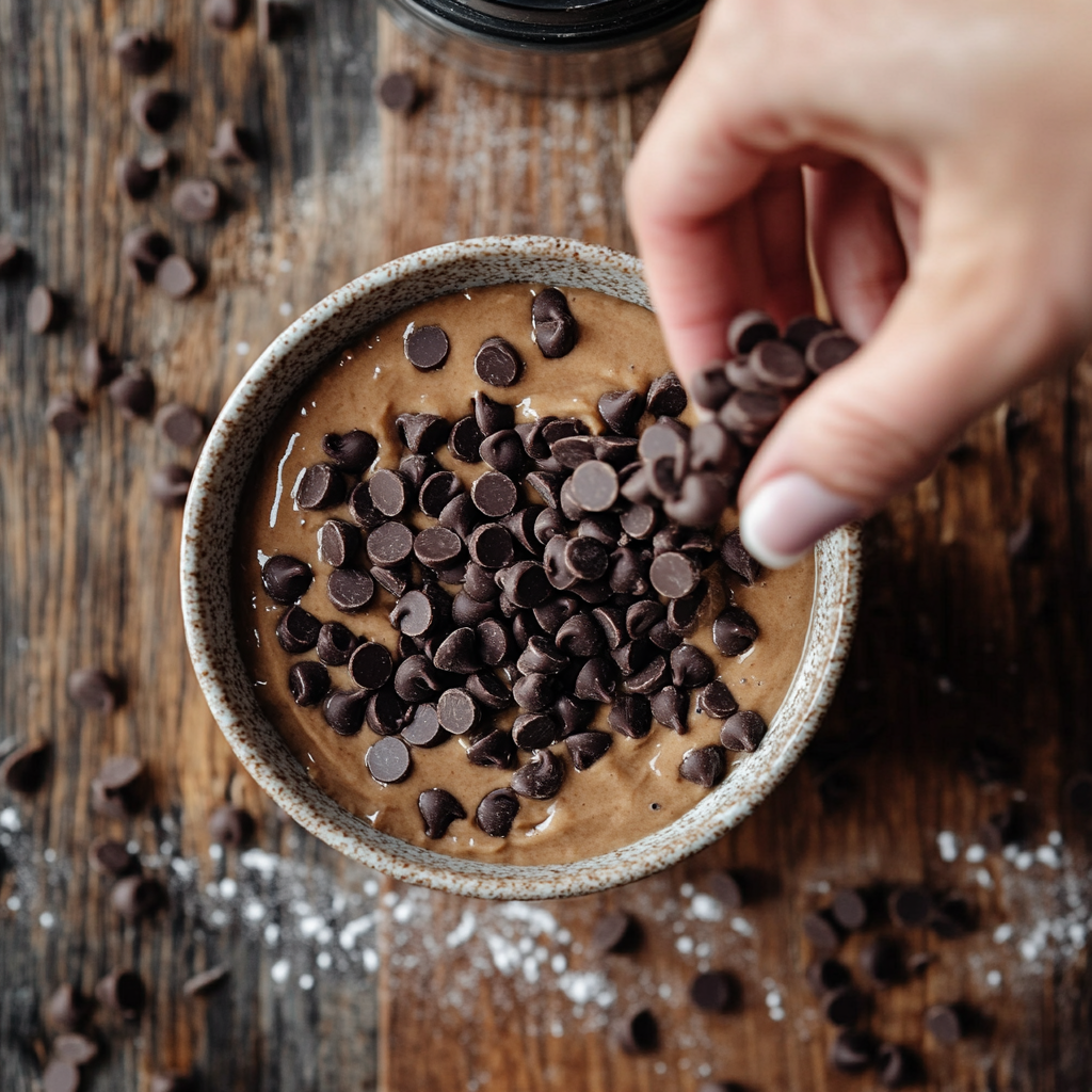 Sprinkling chocolate chips into single-serving mug cake batter before microwaving for melty chocolate pockets