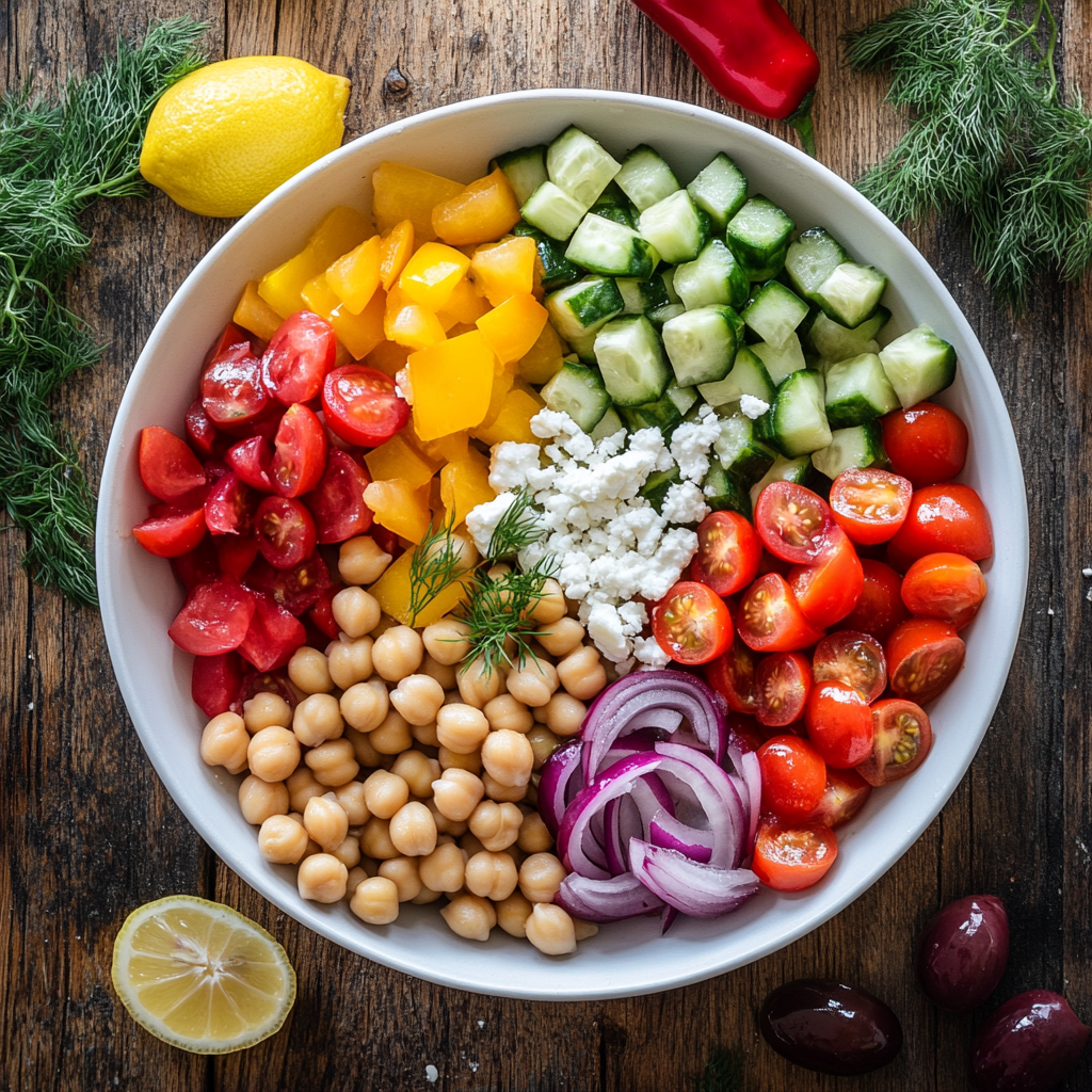 Fresh ingredients for Greek chickpea salad: chickpeas, tomatoes, bell peppers, cucumber, red onion, olives, dill, and feta cheese arranged on a wooden table