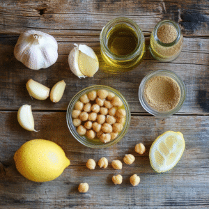 Simple hummus ingredients - chickpeas, tahini, lemon, and spices