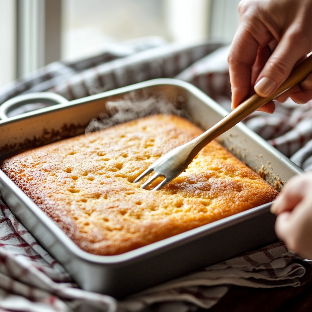 Freshly baked vanilla peanut butter cake in a 9x13-inch pan, ready for poking holes