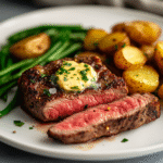 Sliced medium-rare air fryer steak topped with melting garlic herb butter, served with roasted potatoes