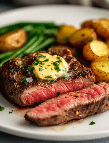 Sliced medium-rare air fryer steak topped with melting garlic herb butter, served with roasted potatoes