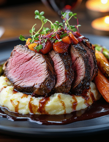 Thinly sliced juicy top round roast on platter with mashed potatoes and roasted vegetables, drizzled with gravy