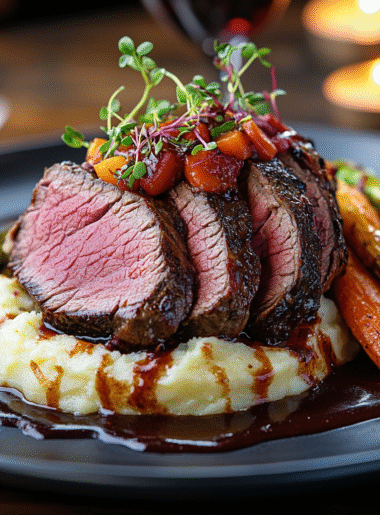 Thinly sliced juicy top round roast on platter with mashed potatoes and roasted vegetables, drizzled with gravy