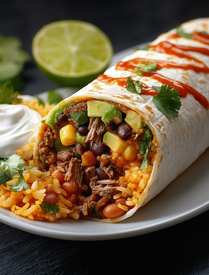 Golden brown beef burrito with melted cheese and fresh toppings